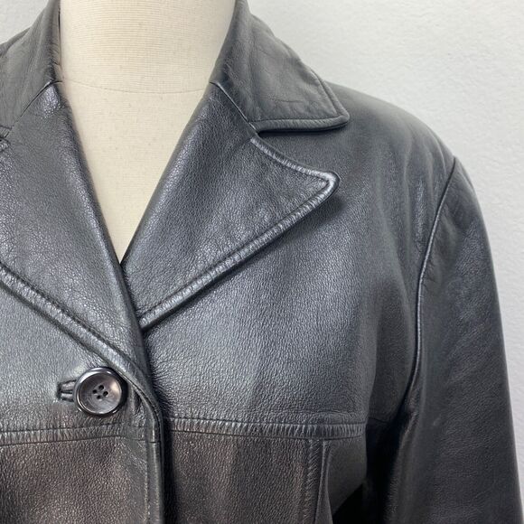 Outdoor Exchange Black Leather Jacket Womans Small Button Front Pockets Goth Hip - Picture 4 of 11